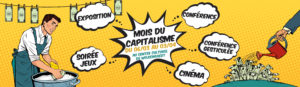 plusieurs bulles de texte avec des mots clés pour le mois du capitalisme au Centre Culturel de Welkenraedt